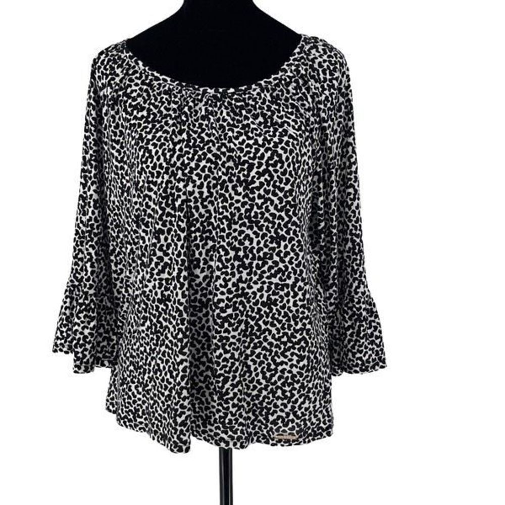 Michael Kors Women's Peasant Blouse Top Leopard Long Sleeve Black White Medium